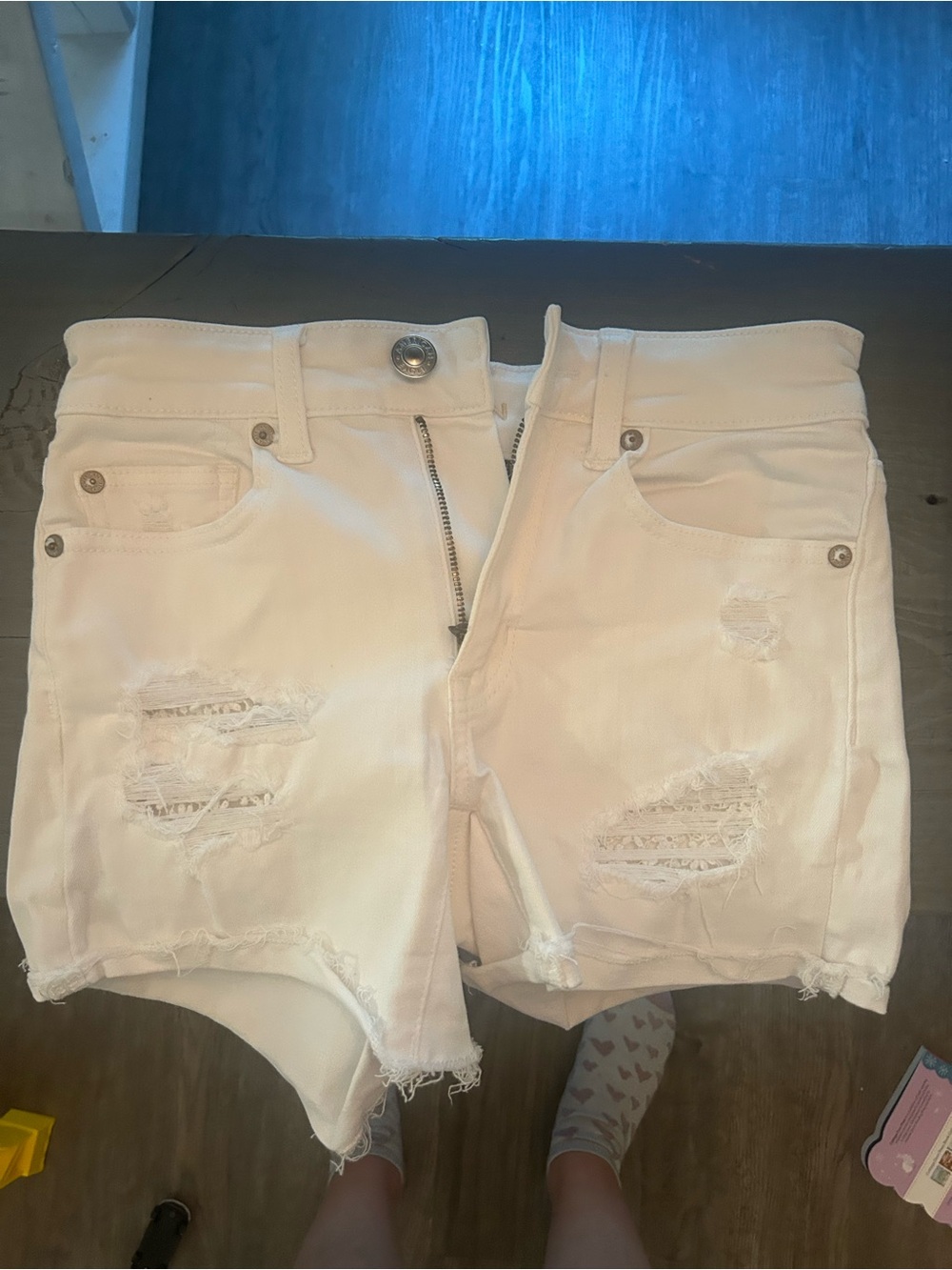 American Eagle Outfitters White Distressed High-Rise Denim Shorts